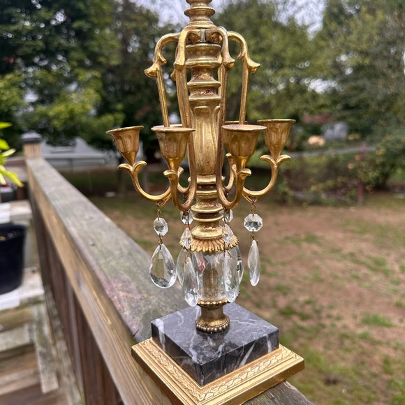 Vintage Art Deco Dilly MFG Co Brass on Marble Crystal Drops Six Arm Candelabra - Picture 2 of 9